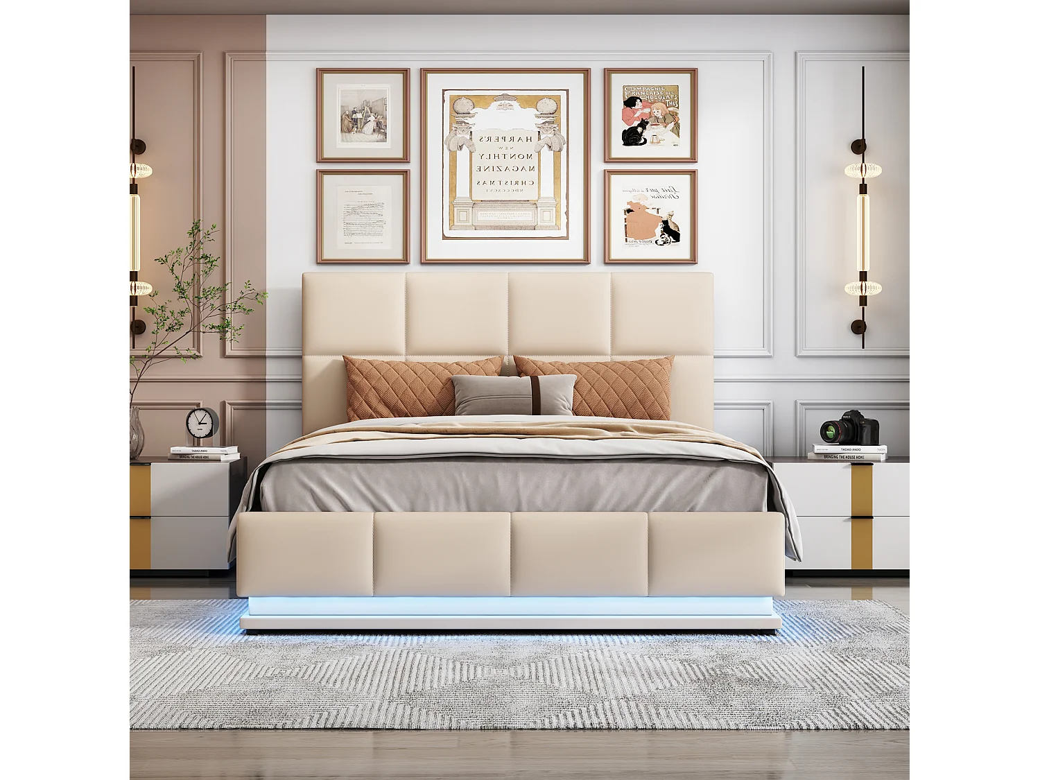 Lit coffre rembourré 140x200 cm avec éclairage LED - en similicuir - Beige