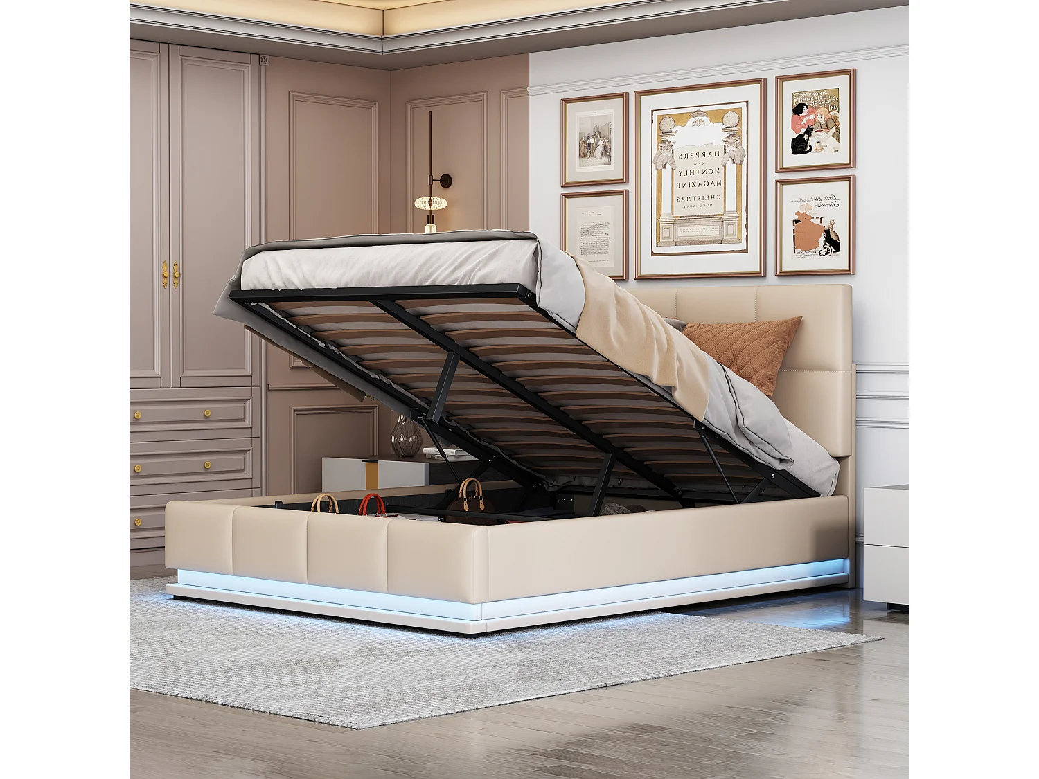 Lit coffre rembourré 140x200 cm avec éclairage LED - en similicuir - Beige