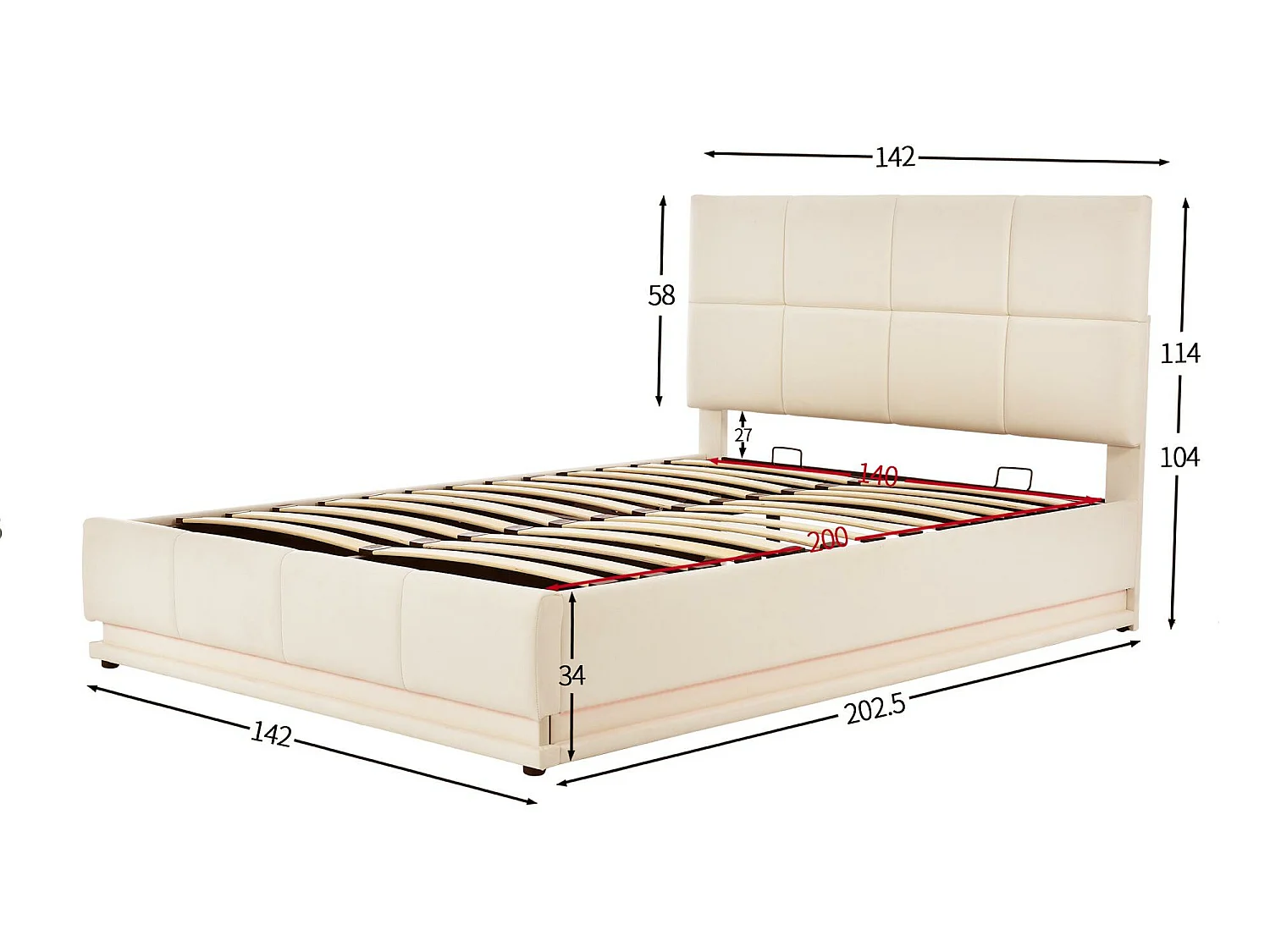 Lit coffre rembourré 140x200 cm avec éclairage LED - en similicuir - Beige