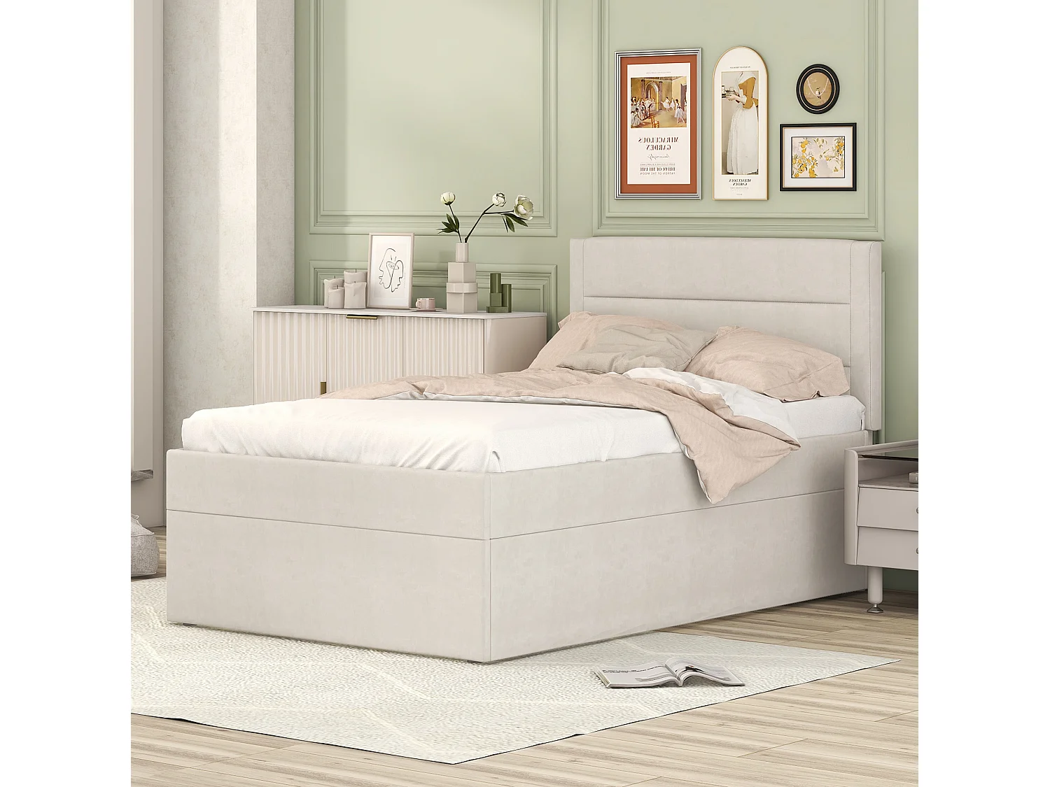 Bett mit Bettkasten mit Lattenrost – 90 x 200 cm – Leinen – Beige