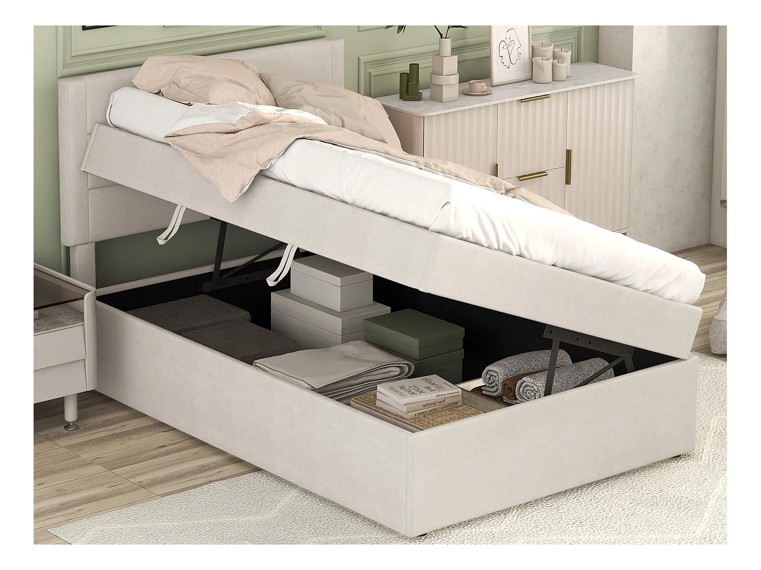 Lit coffre avec sommier à lattes - 90x200 cm - tissu en lin - Beige