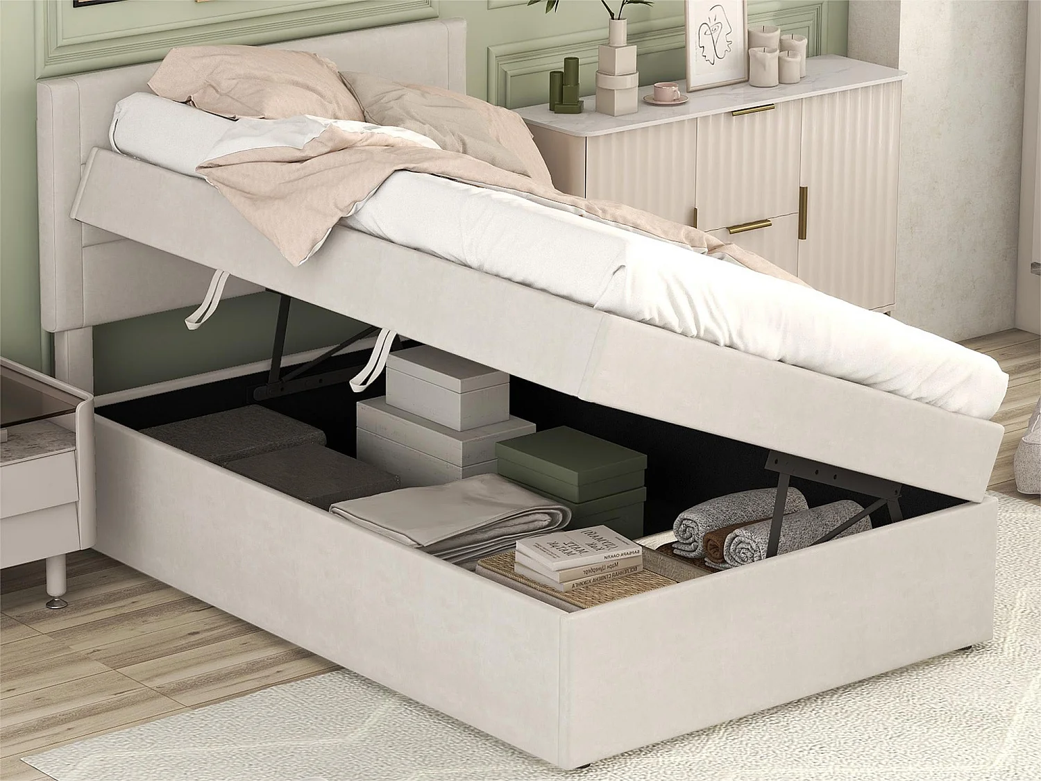 Opbergbed met lattenbodem - 90x200 cm - linnen stof - Beige