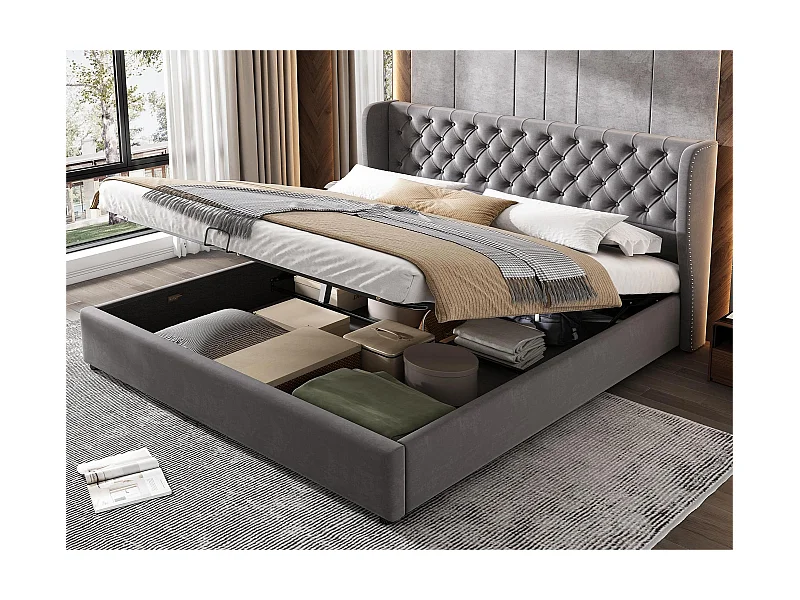 Samtgepolstertes Stauraumbett 160 x 200 cm mit Lattenrost – Grau