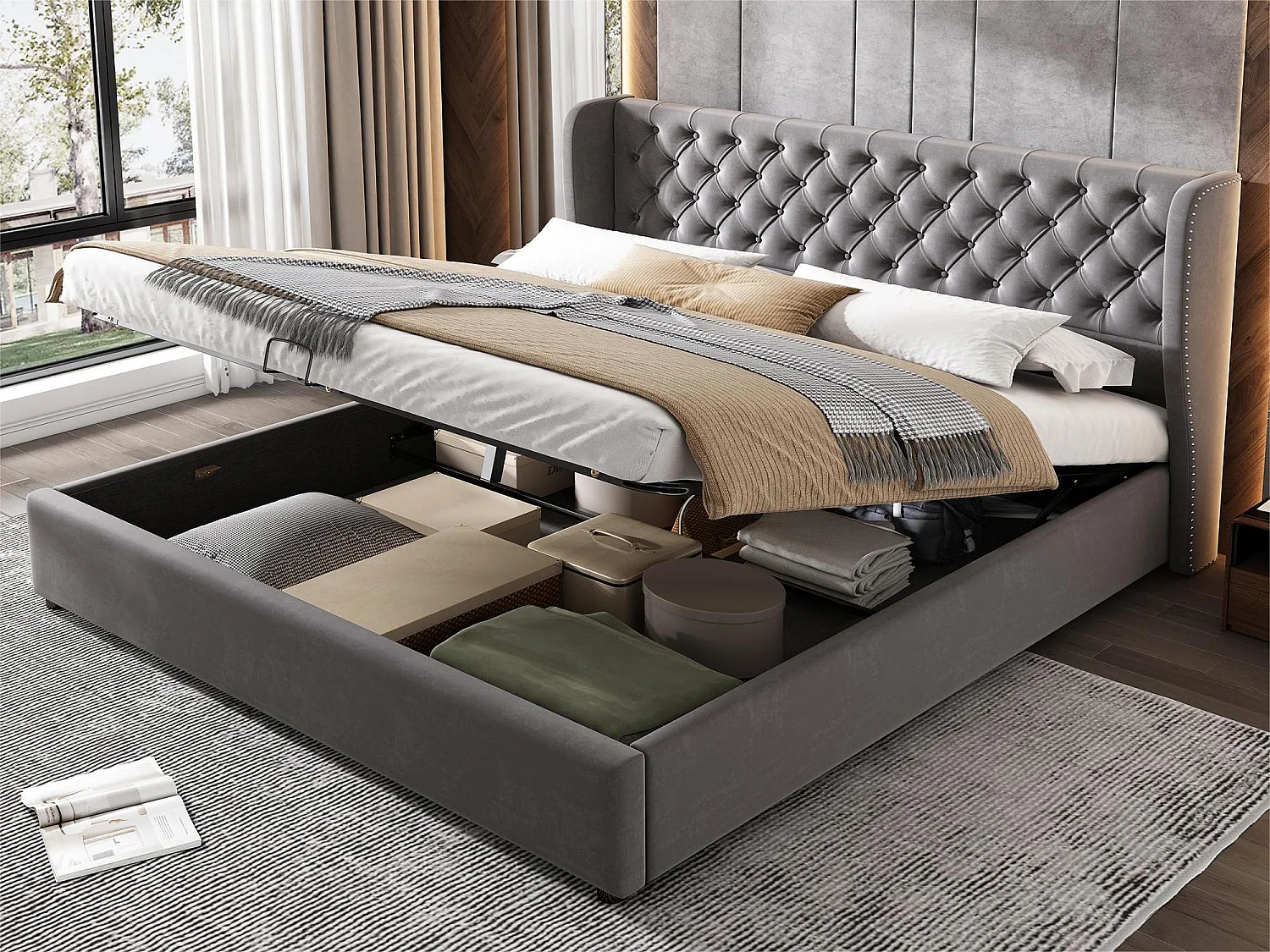 Samtgepolstertes Stauraumbett 160 x 200 cm mit Lattenrost – Grau