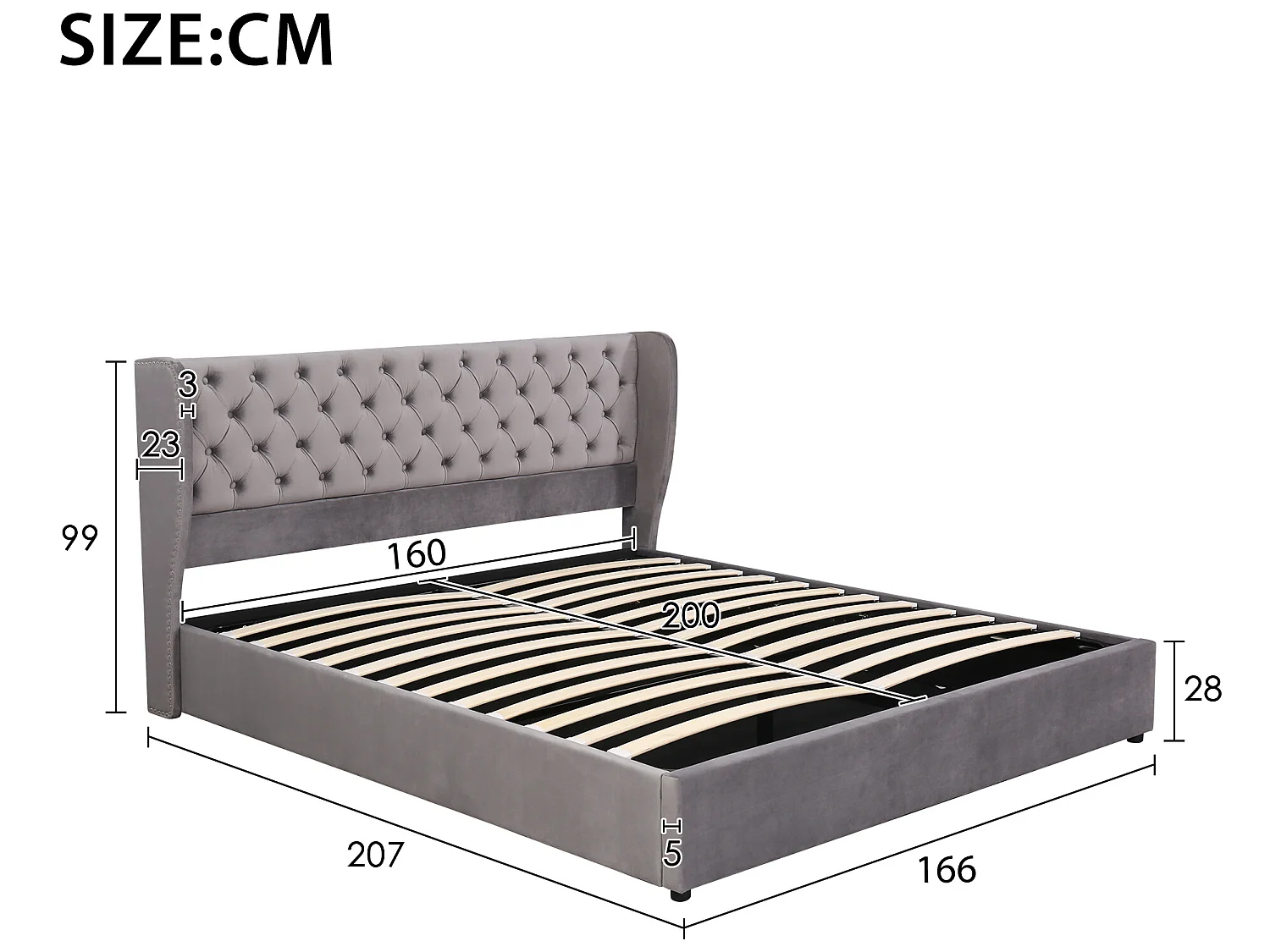 Samtgepolstertes Stauraumbett 160 x 200 cm mit Lattenrost – Grau