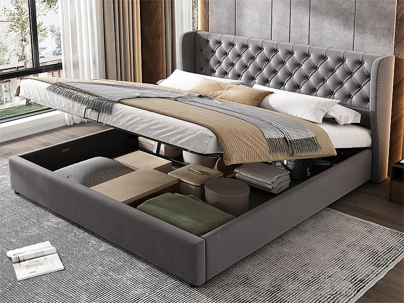 Lit coffre capitonné en velours 160x200cm avec sommier à lattes - Gris