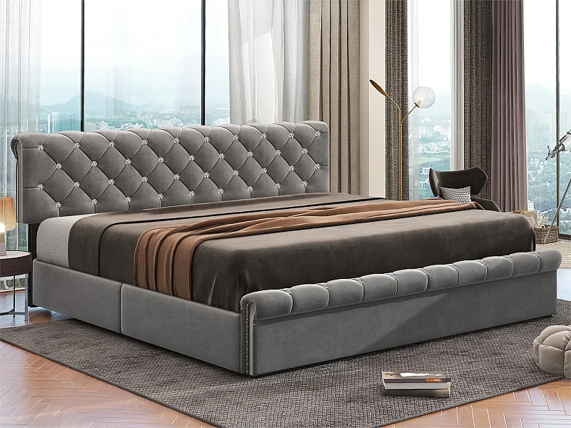 Gepolstertes Stauraumbett 180 x 200 cm – Samtstoff – verstellbares Kopfteil – Grau