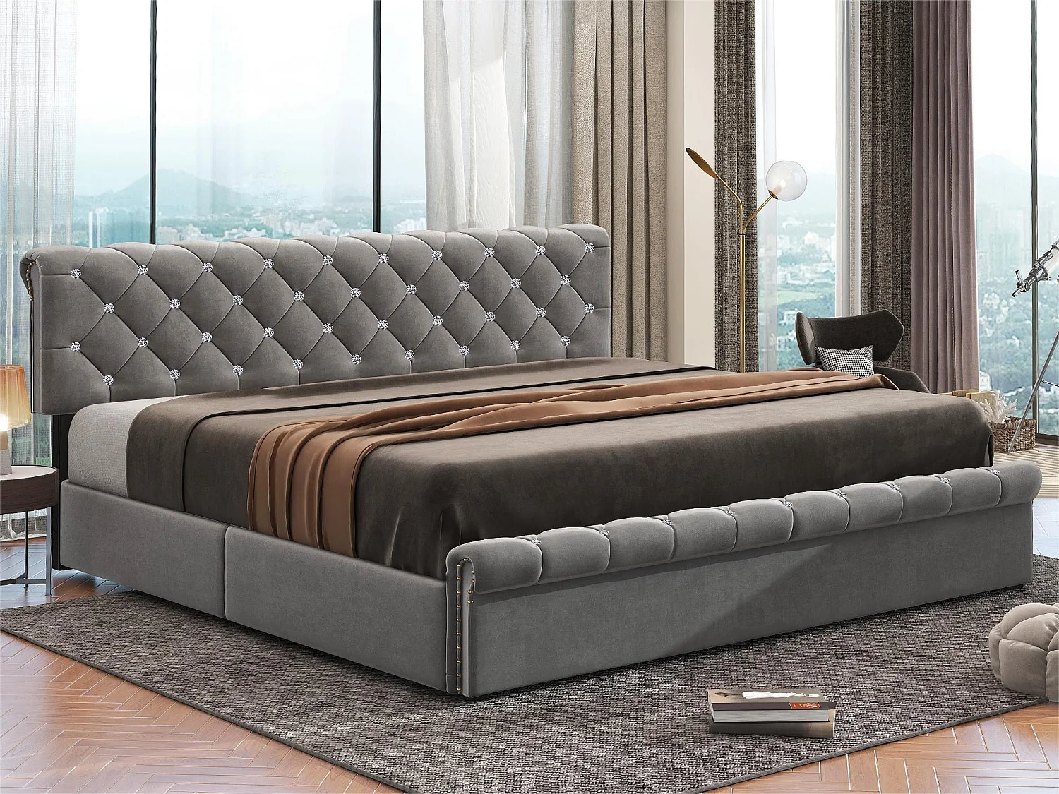 Gestoffeerd opbergbed 180x200cm - Fluwelen stof - verstelbaar hoofdeinde - Grijs