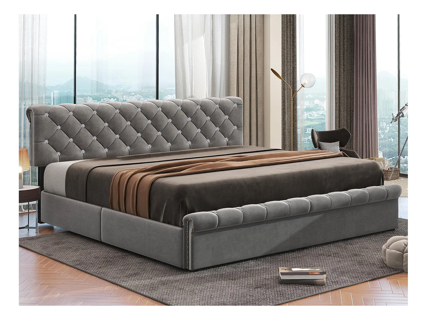 Lit coffre rembourré 180x200cm - tissu en velours - tête de lit réglable - Gris