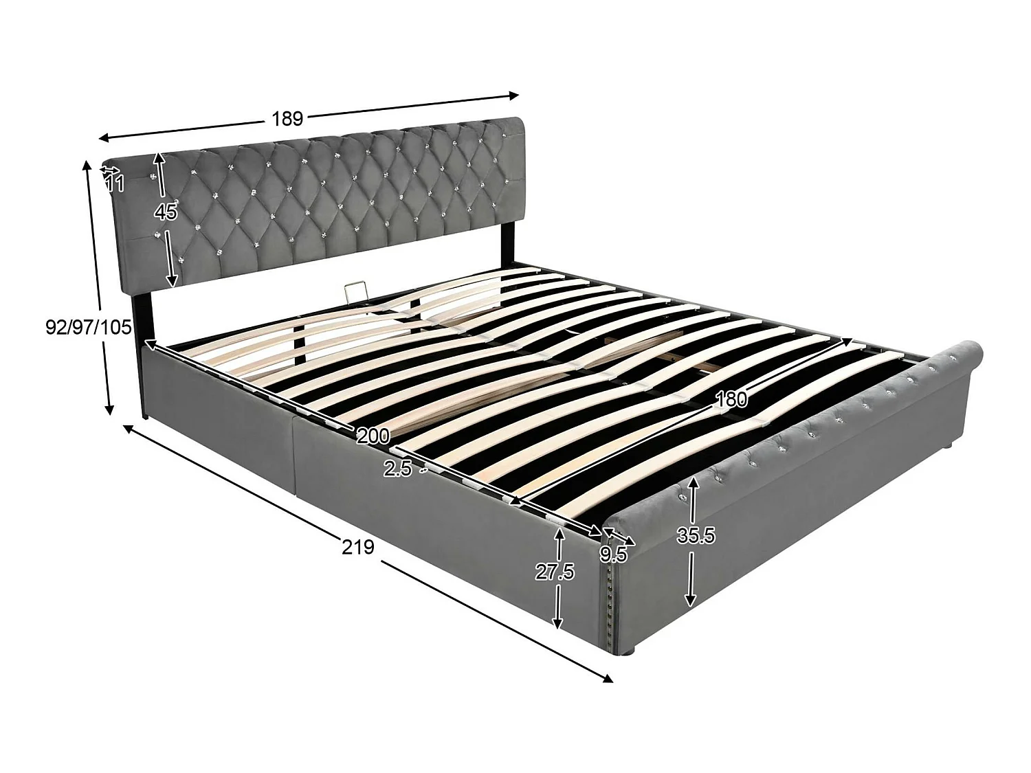 Lit coffre rembourré 180x200cm - tissu en velours - tête de lit réglable - Gris
