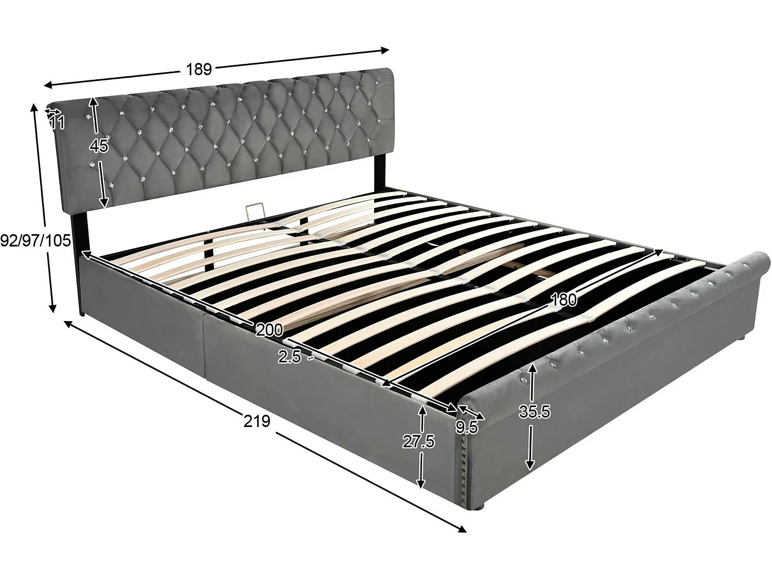 Lit coffre rembourré 180x200cm - tissu en velours - tête de lit réglable - Gris