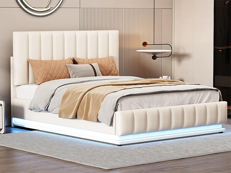 Bett mit Bettkasten mit LED + Lattenrost + verstellbarem Kopfteil – 140 x 200 cm – Kunstleder – Weiß