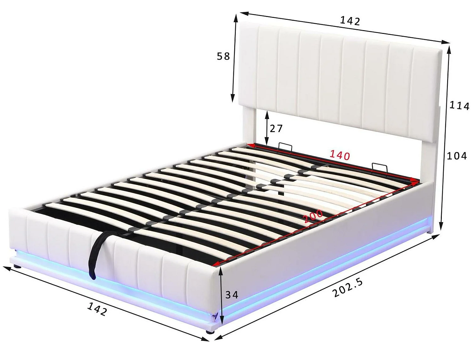 Bett mit Bettkasten mit LED + Lattenrost + verstellbarem Kopfteil – 140 x 200 cm – Kunstleder – Weiß
