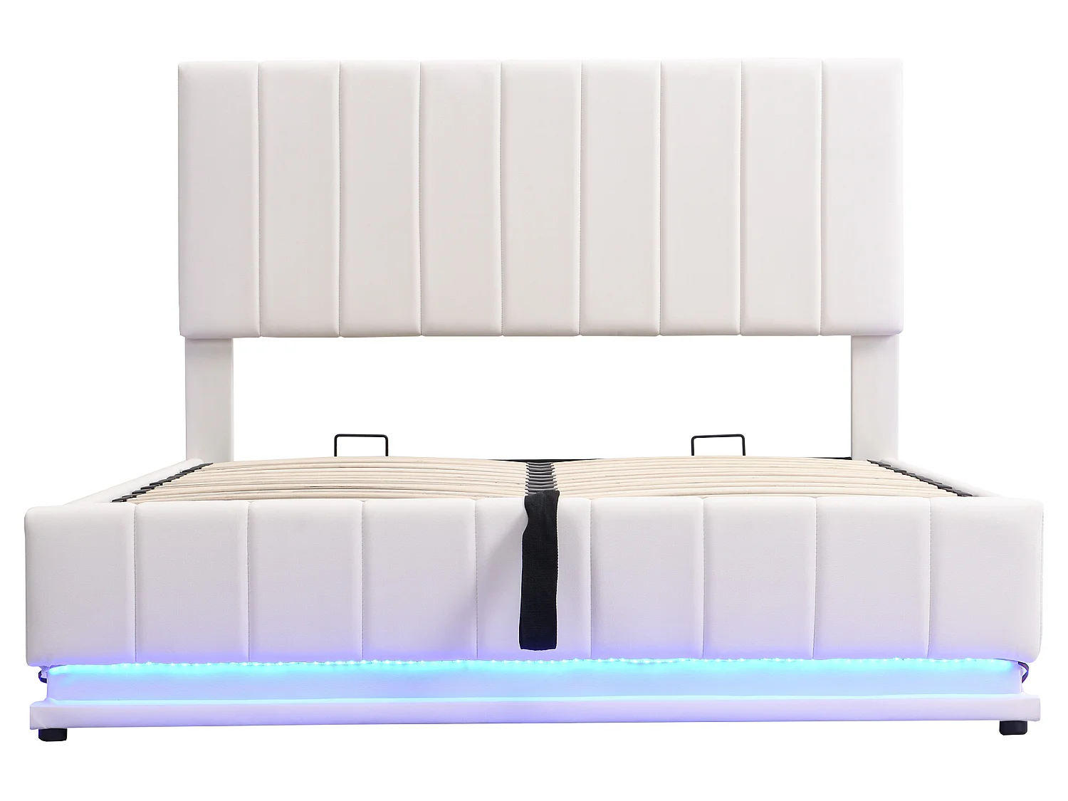 Bett mit Bettkasten mit LED + Lattenrost + verstellbarem Kopfteil – 140 x 200 cm – Kunstleder – Weiß