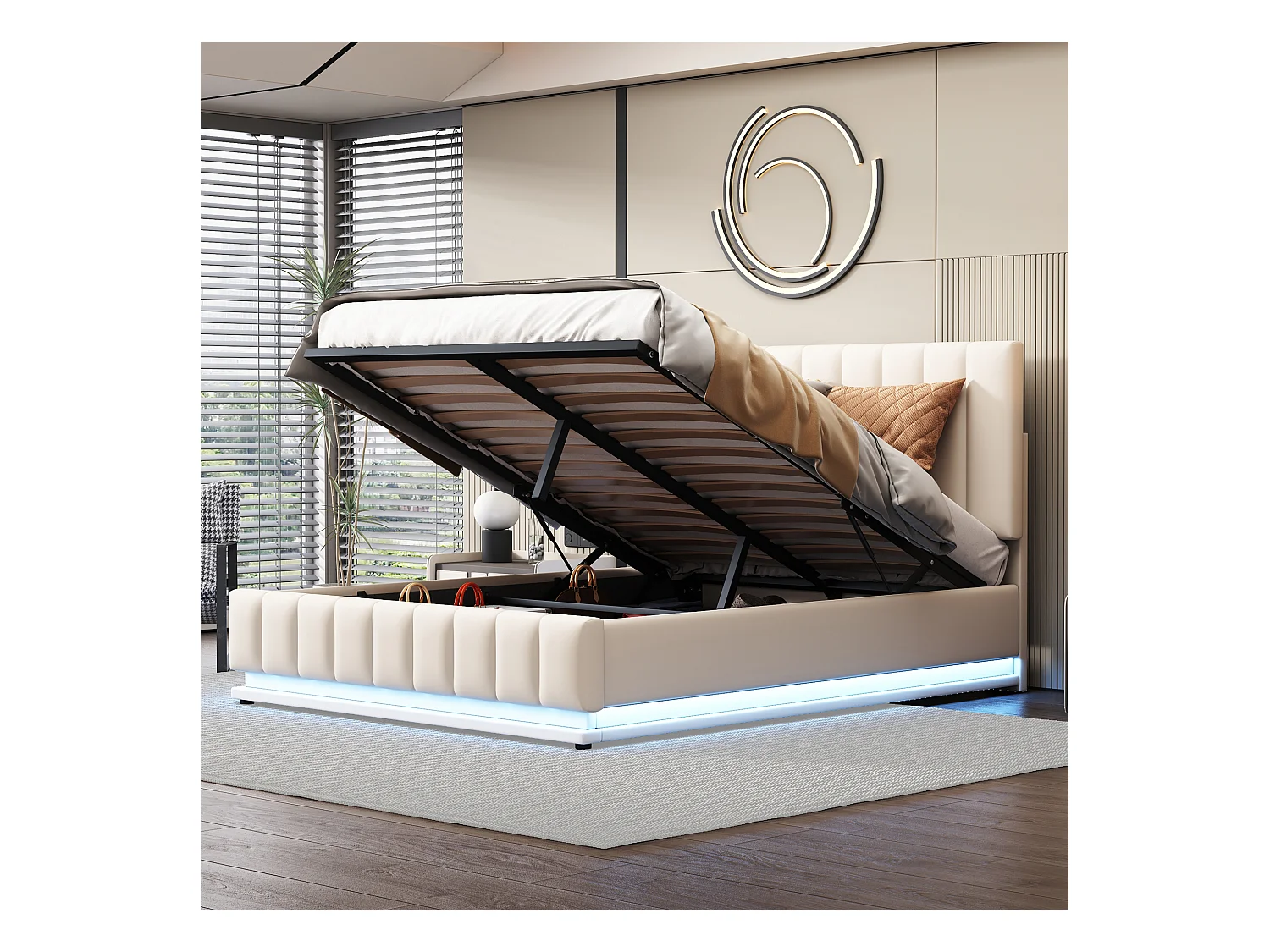 Cama contenedor de piel sintética con LED + somier + cabecero ajustable - 140x200cm - Blanco