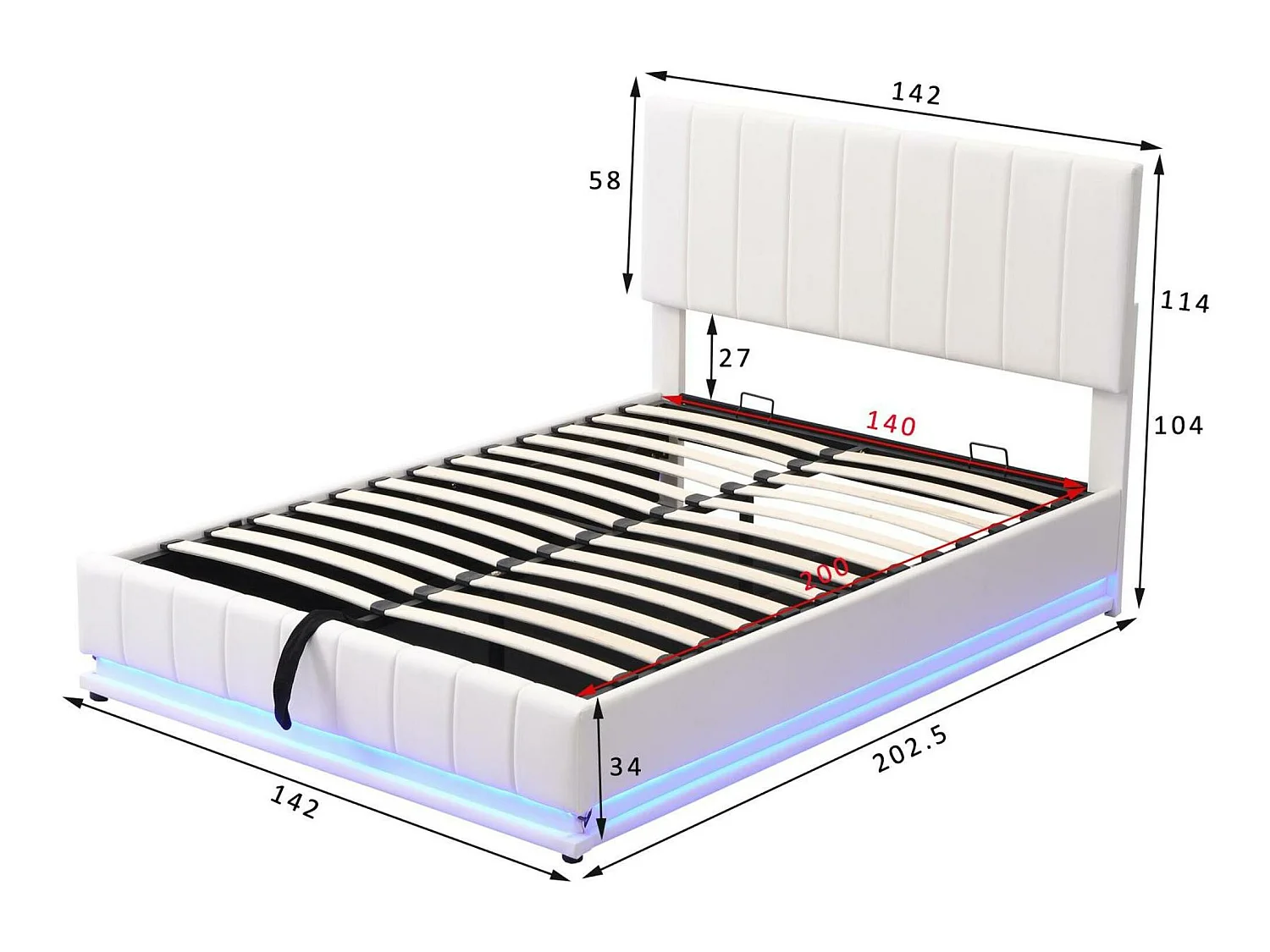 Cama contenedor de piel sintética con LED + somier + cabecero ajustable - 140x200cm - Blanco