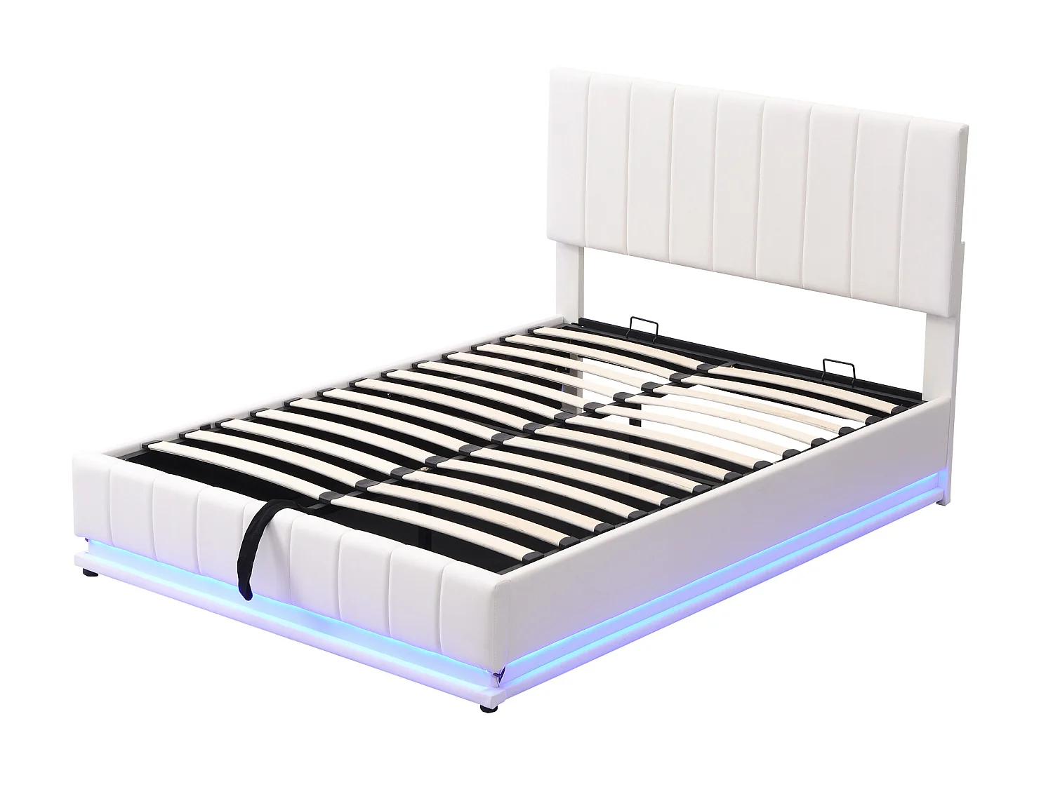 Cama contenedor de piel sintética con LED + somier + cabecero ajustable - 140x200cm - Blanco