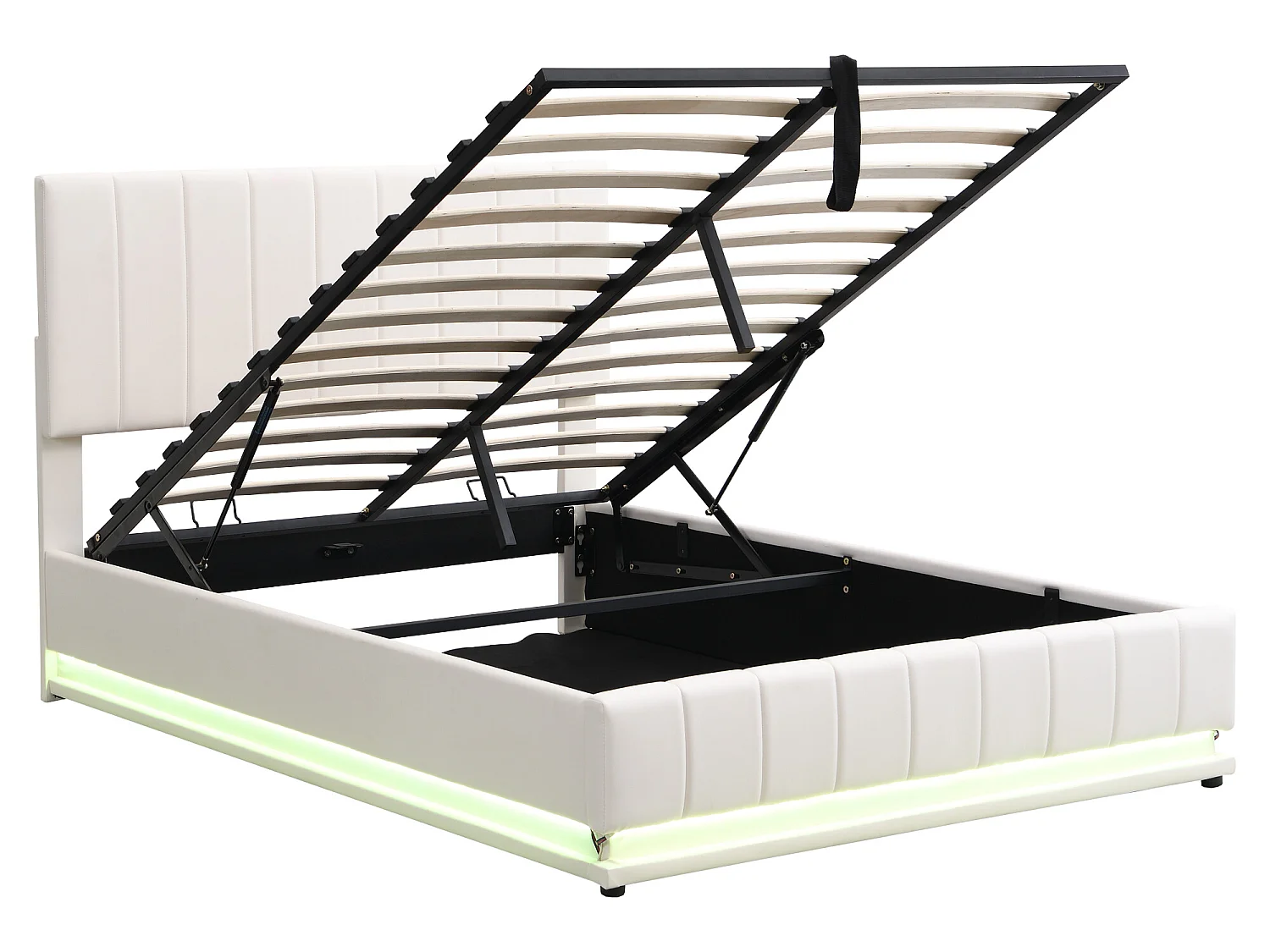 Letto contenitore in similpelle con LED + rete a doghe + testiera regolabile - 140x200 cm - Bianco