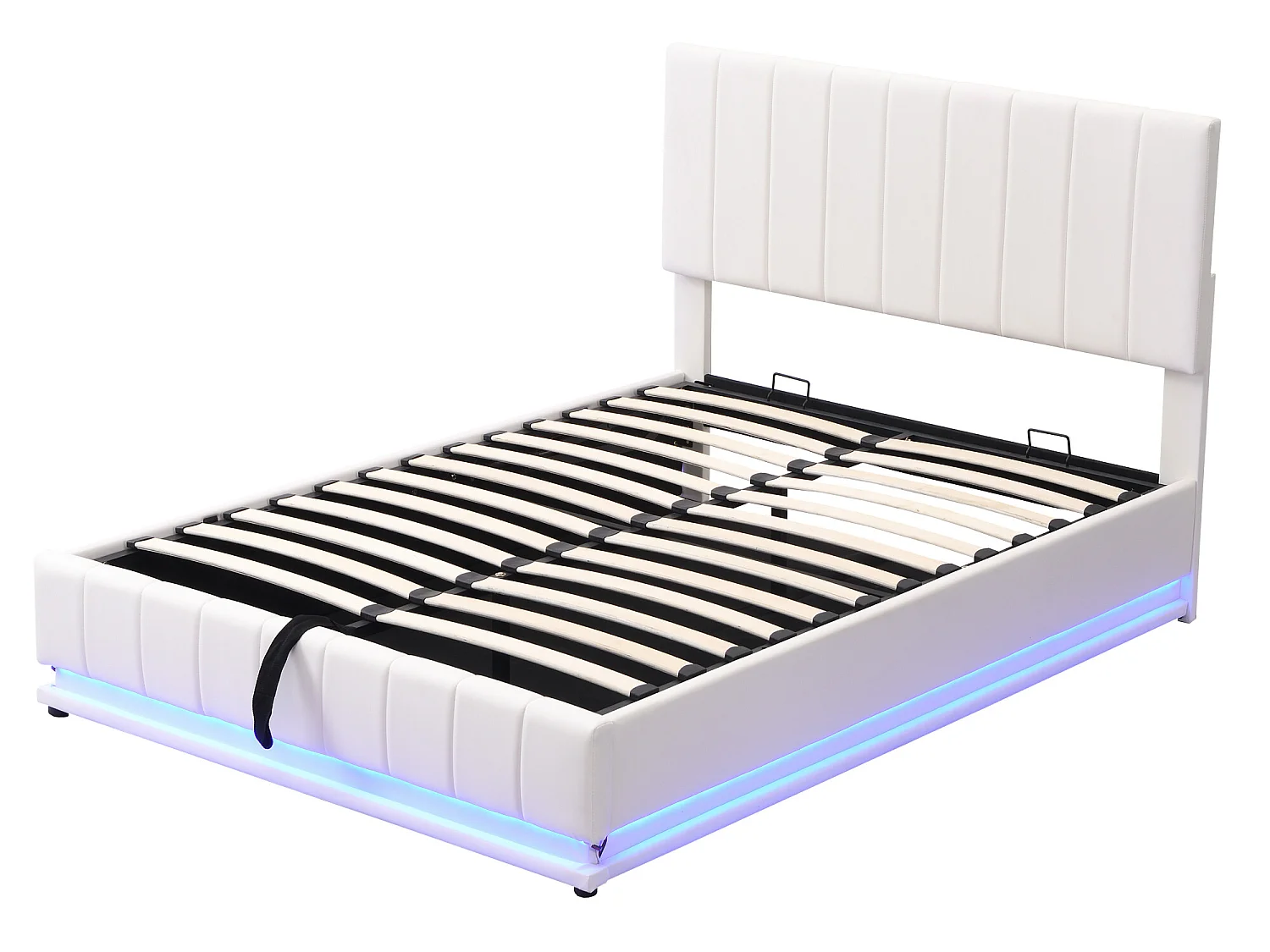 Letto contenitore in similpelle con LED + rete a doghe + testiera regolabile - 140x200 cm - Bianco
