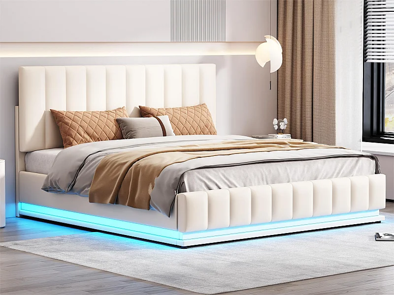 Bett mit Bettkasten mit LED + Lattenrost + verstellbarem Kopfteil – 160 x 200 cm – Kunstleder – Weiß