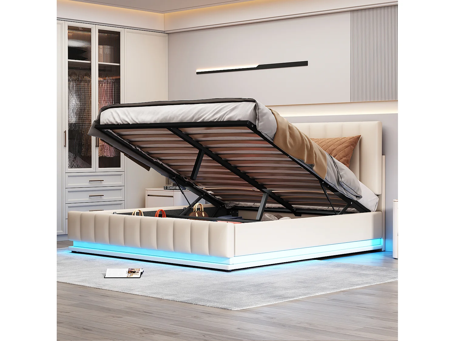 Lit coffre en similicuir avec LED + sommier à lattes + tête de lit réglable - 160x200cm - Blanc