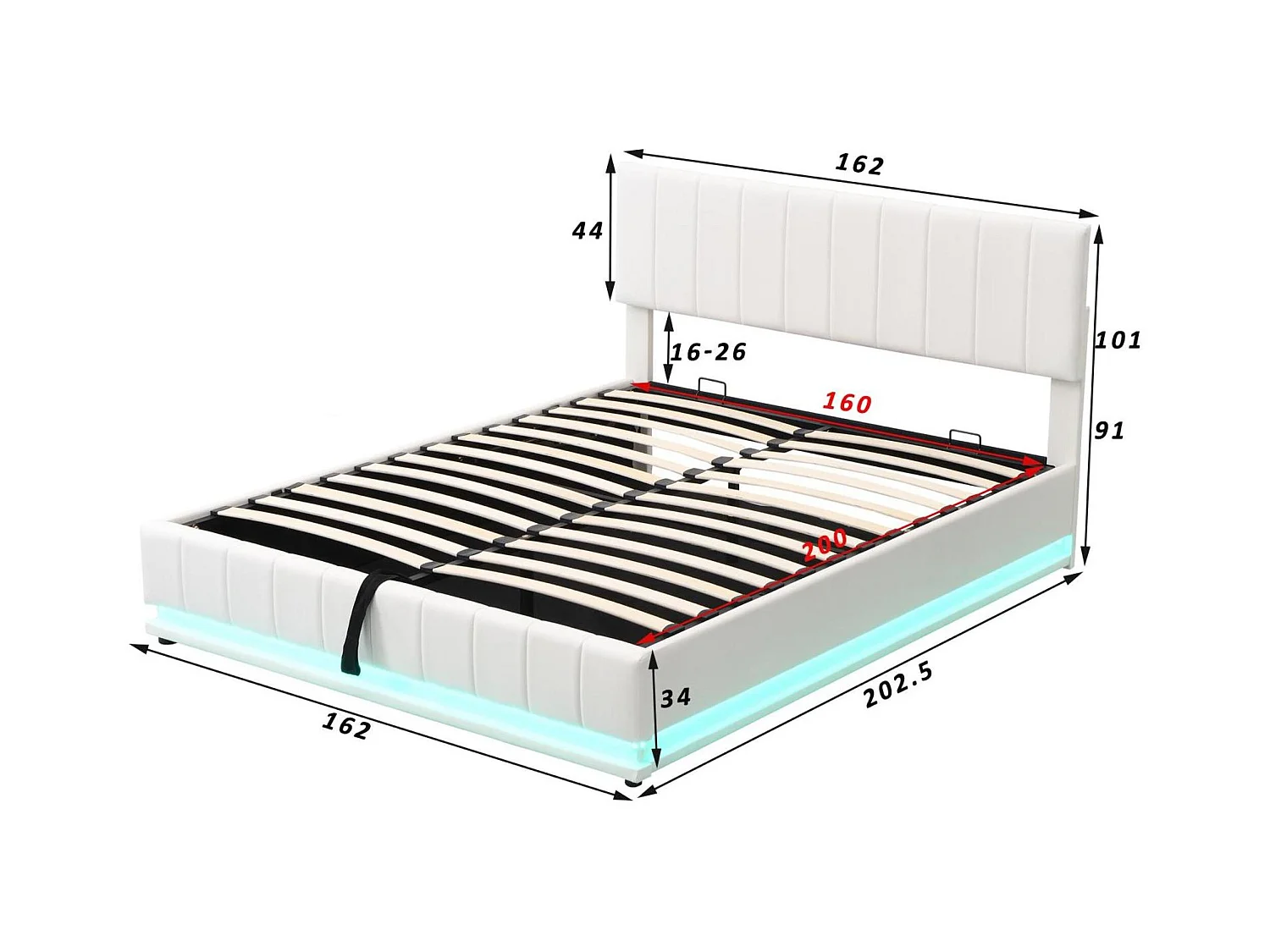 Lit coffre en similicuir avec LED + sommier à lattes + tête de lit réglable - 160x200cm - Blanc