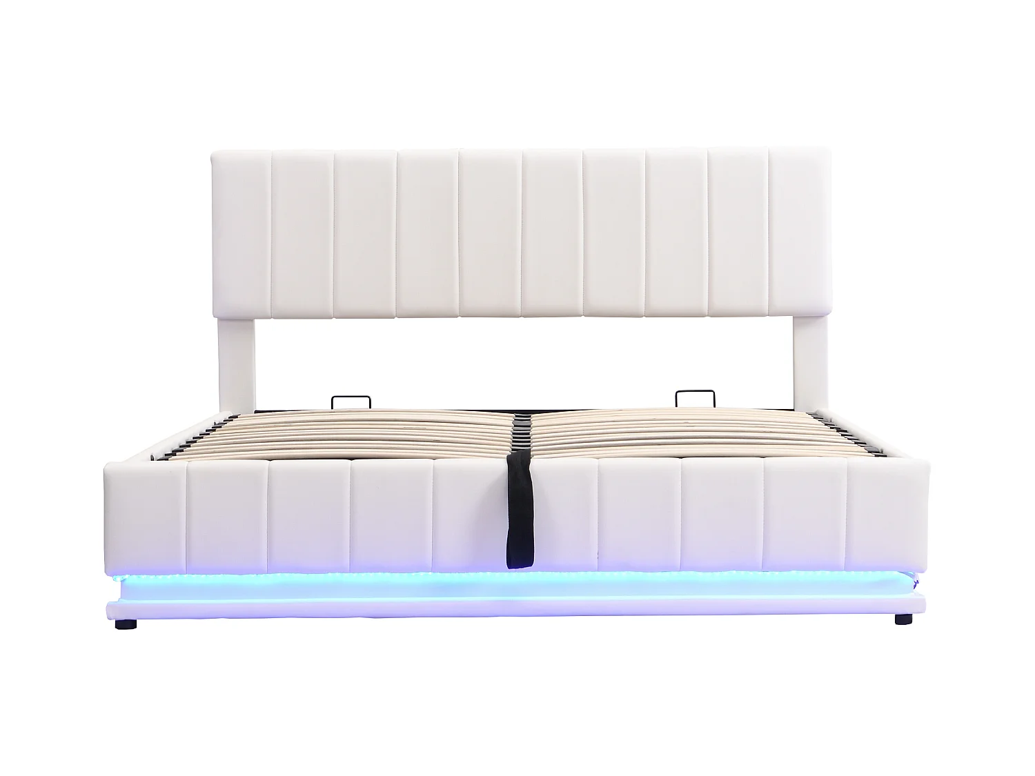 Lit coffre en similicuir avec LED + sommier à lattes + tête de lit réglable - 160x200cm - Blanc