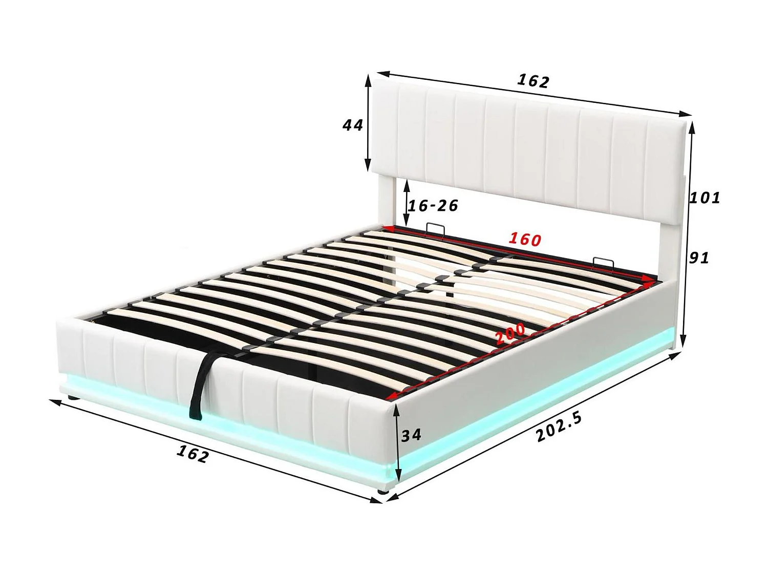 Lit coffre en similicuir avec LED + sommier à lattes + tête de lit réglable - 160x200cm - Blanc