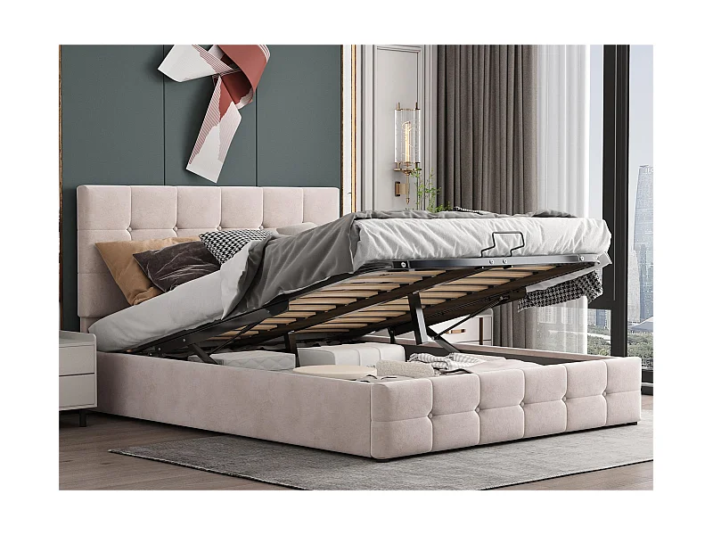 Gepolstertes Bett mit Stauraum – 140 x 200 cm – Samtstoff – verstellbares Kopfteil mit Blockmuster – Creme