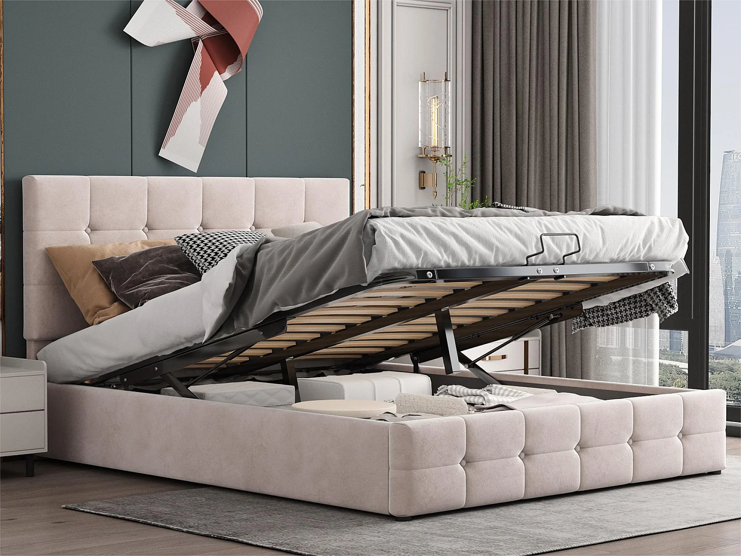 Gestoffeerd opbergbed - 140x200cm - fluwelen stof - verstelbaar blokpatroon hoofdeinde - Crème