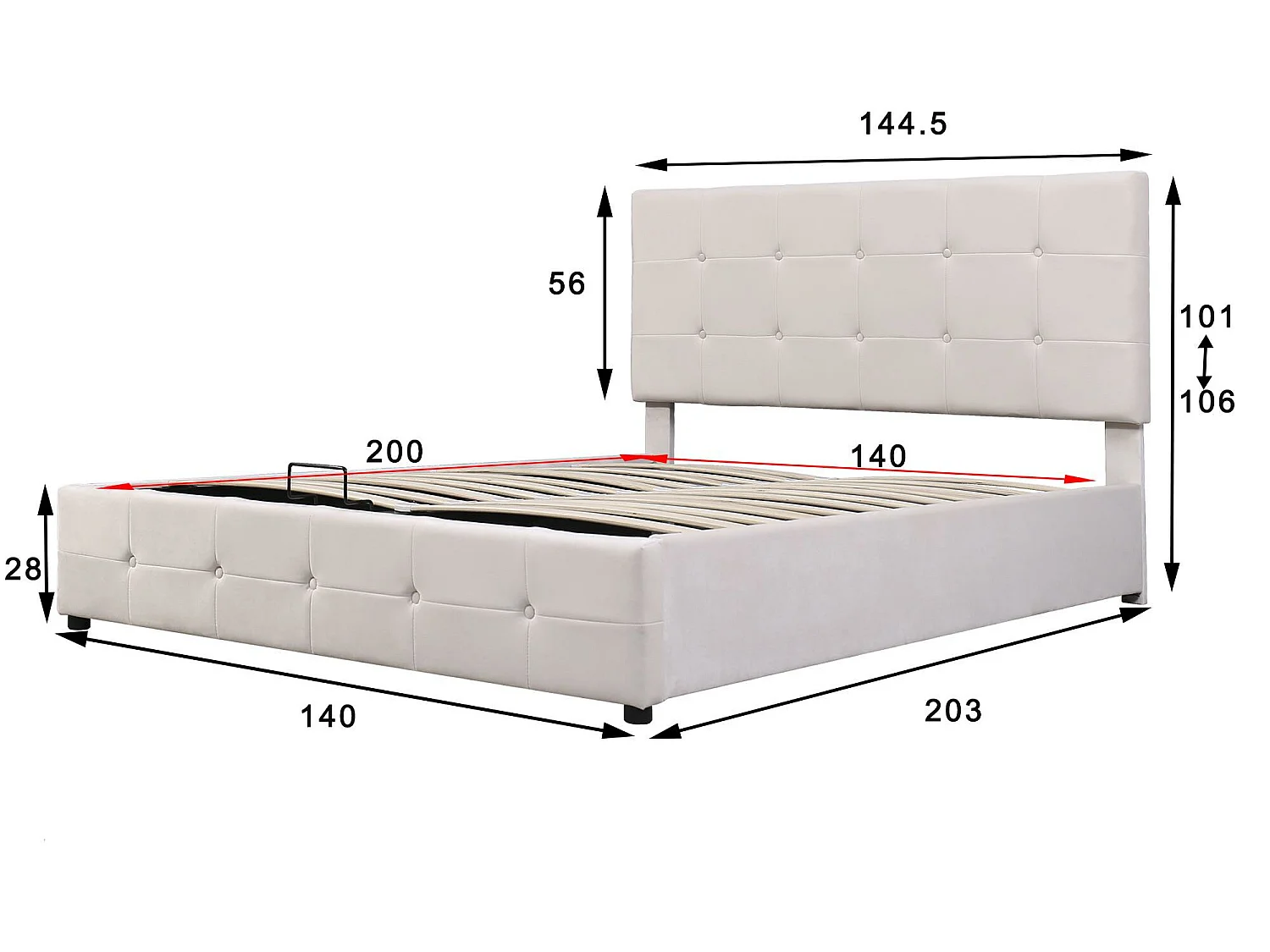 Gestoffeerd opbergbed - 140x200cm - fluwelen stof - verstelbaar blokpatroon hoofdeinde - Crème