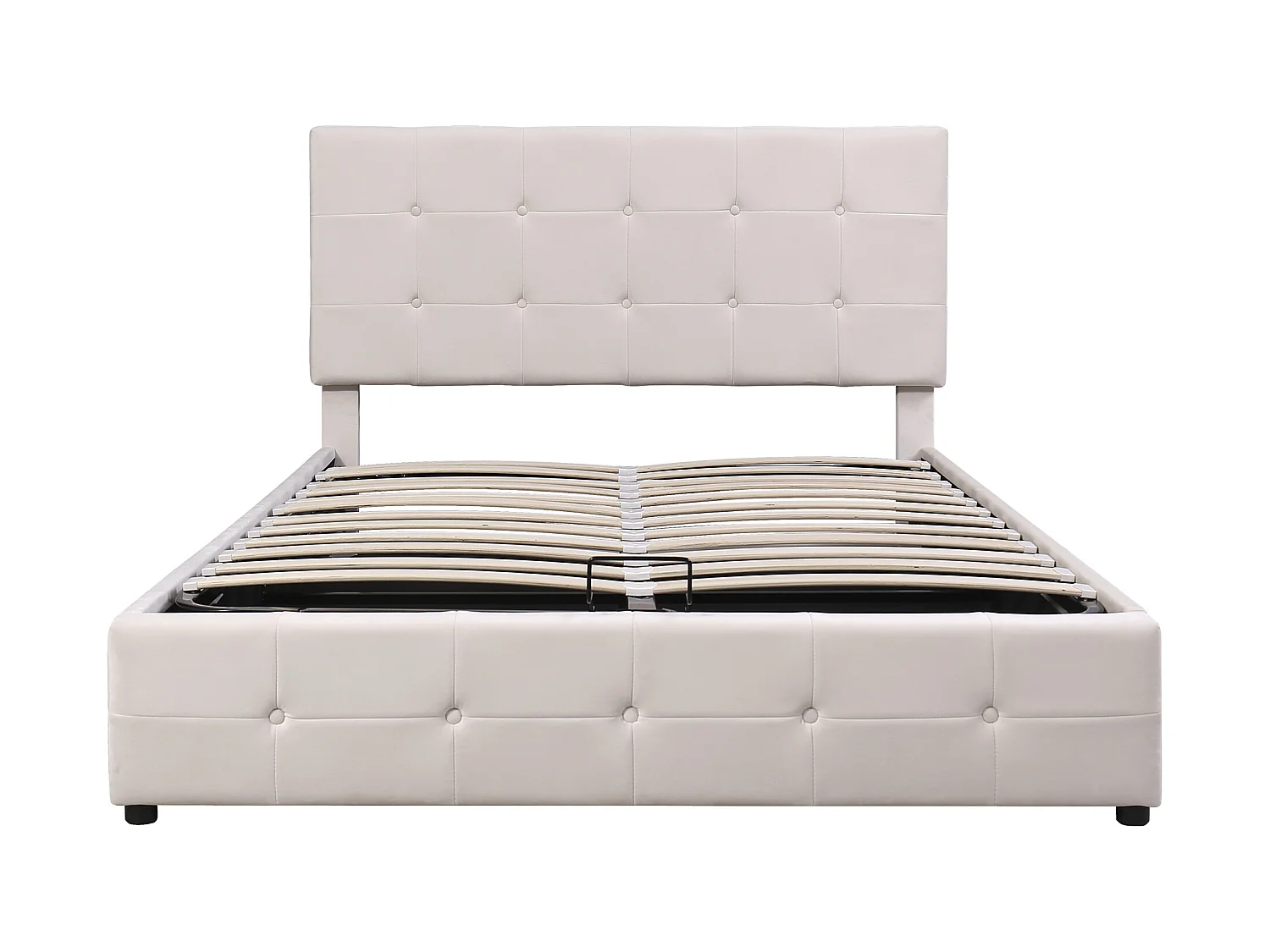 Gestoffeerd opbergbed - 140x200cm - fluwelen stof - verstelbaar blokpatroon hoofdeinde - Crème