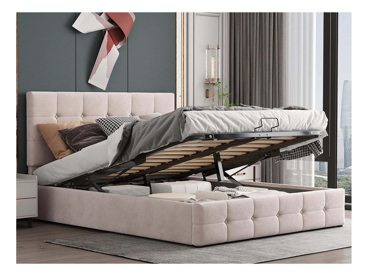 Lit coffre rembourré - 140x200cm - tissu en velours - tête réglable à motif bloc - Crème