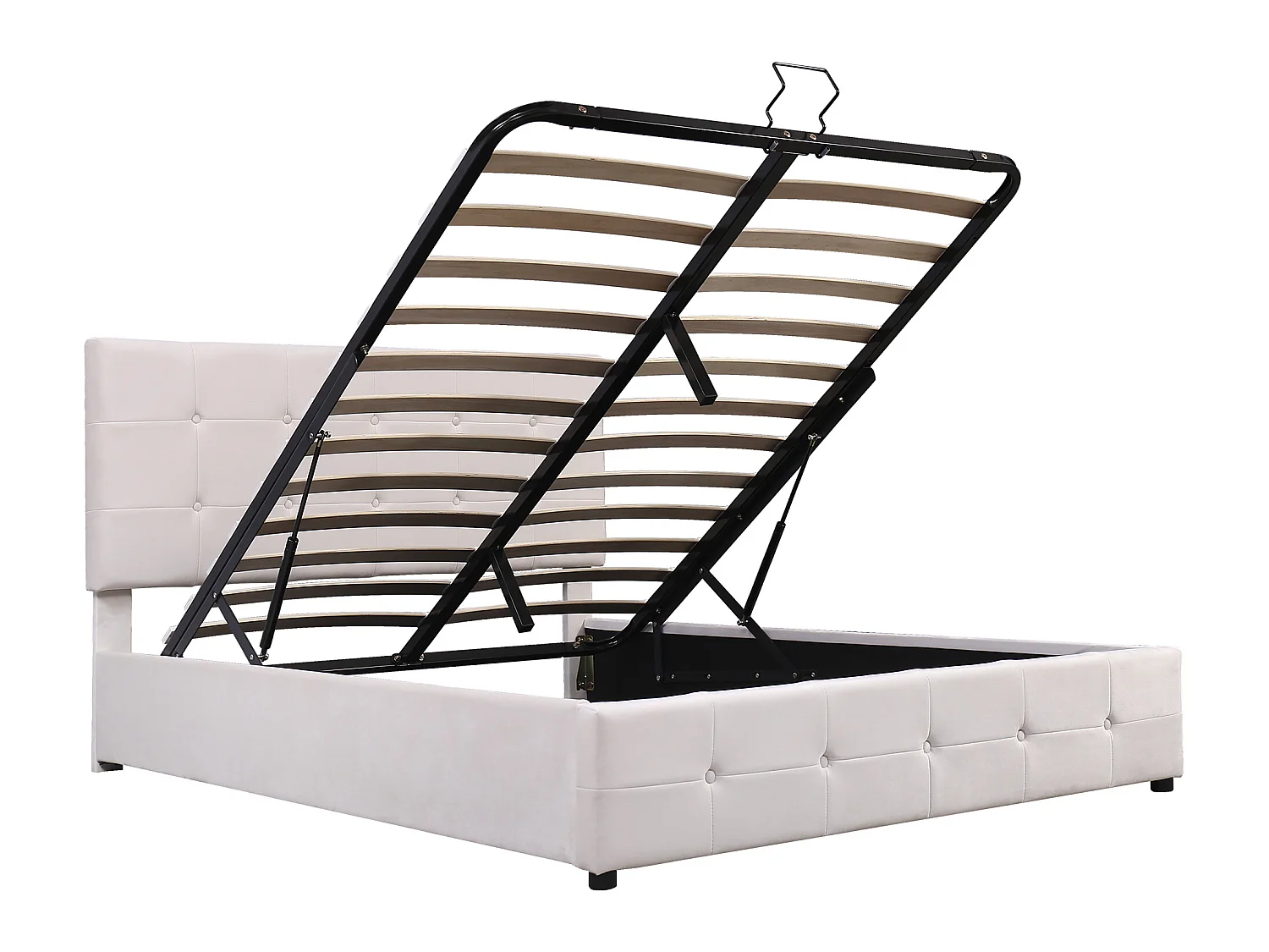 Gestoffeerd opbergbed - 140x200cm - fluwelen stof - verstelbaar blokpatroon hoofdeinde - Crème