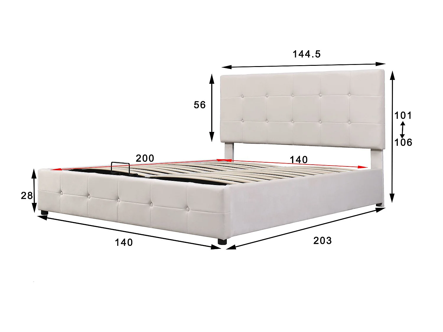 Gestoffeerd opbergbed - 140x200cm - fluwelen stof - verstelbaar blokpatroon hoofdeinde - Crème