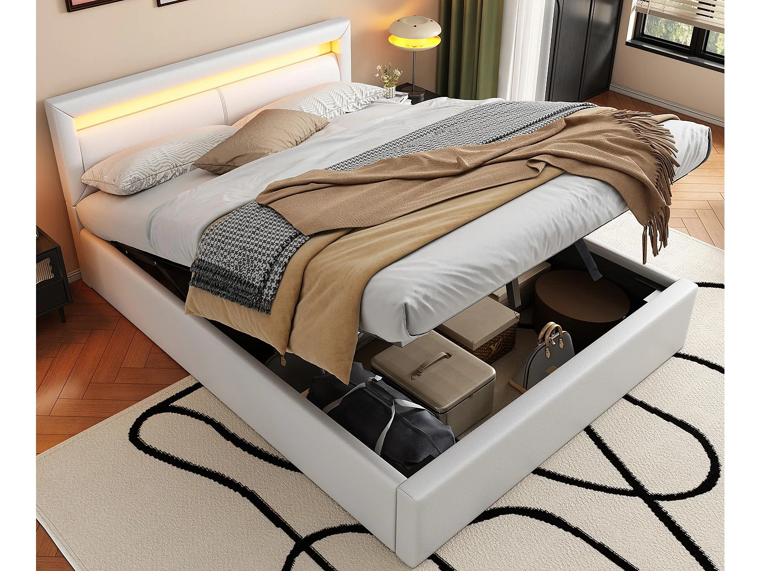 Opbergbed met LED 140x200cm - in kunstleer - Wit