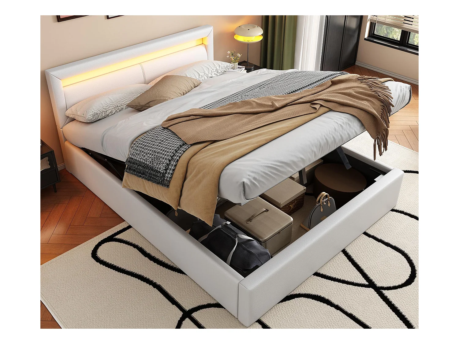 Lit coffre avec LED 140x200cm - en similicuir - Blanc