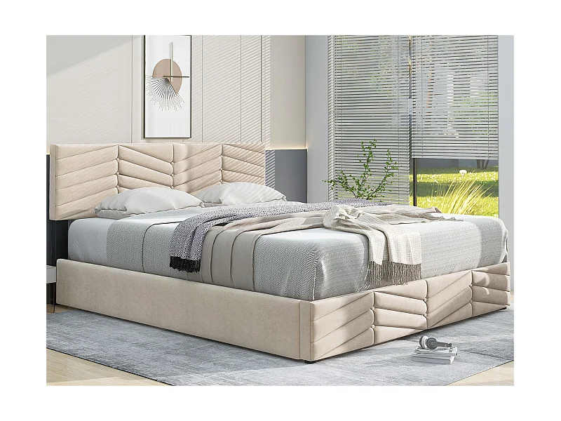 Samtbett mit Stauraum und Lattenrost + verstellbarem Kopfteil – 140 x 200 cm – Beige