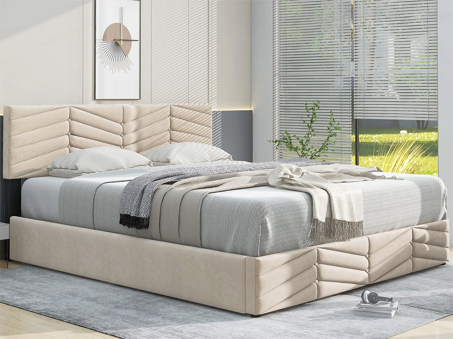 Cama contenedor de terciopelo con somier de láminas + cabecero ajustable - 140x200cm - Beige