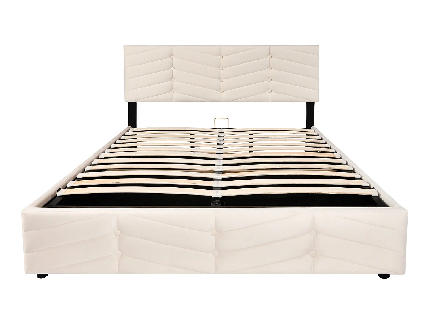 Cama contenedor de terciopelo con somier de láminas + cabecero ajustable - 140x200cm - Beige