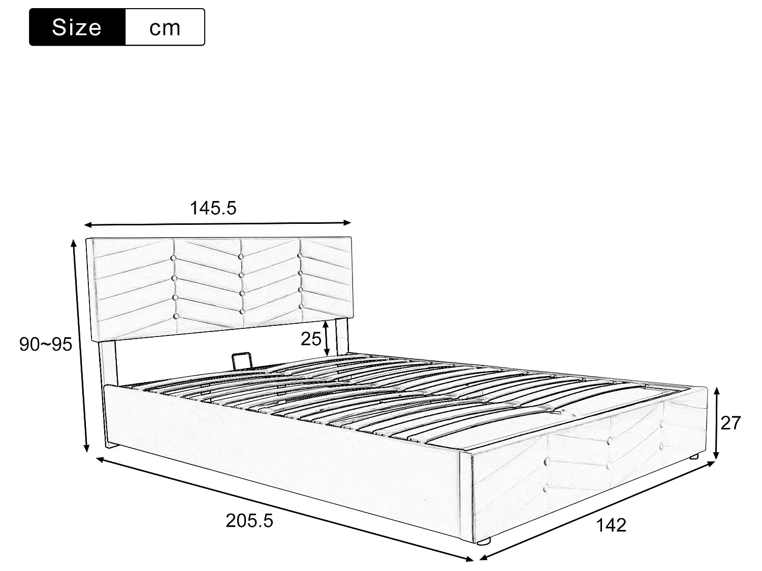 Cama contenedor de terciopelo con somier de láminas + cabecero ajustable - 140x200cm - Beige