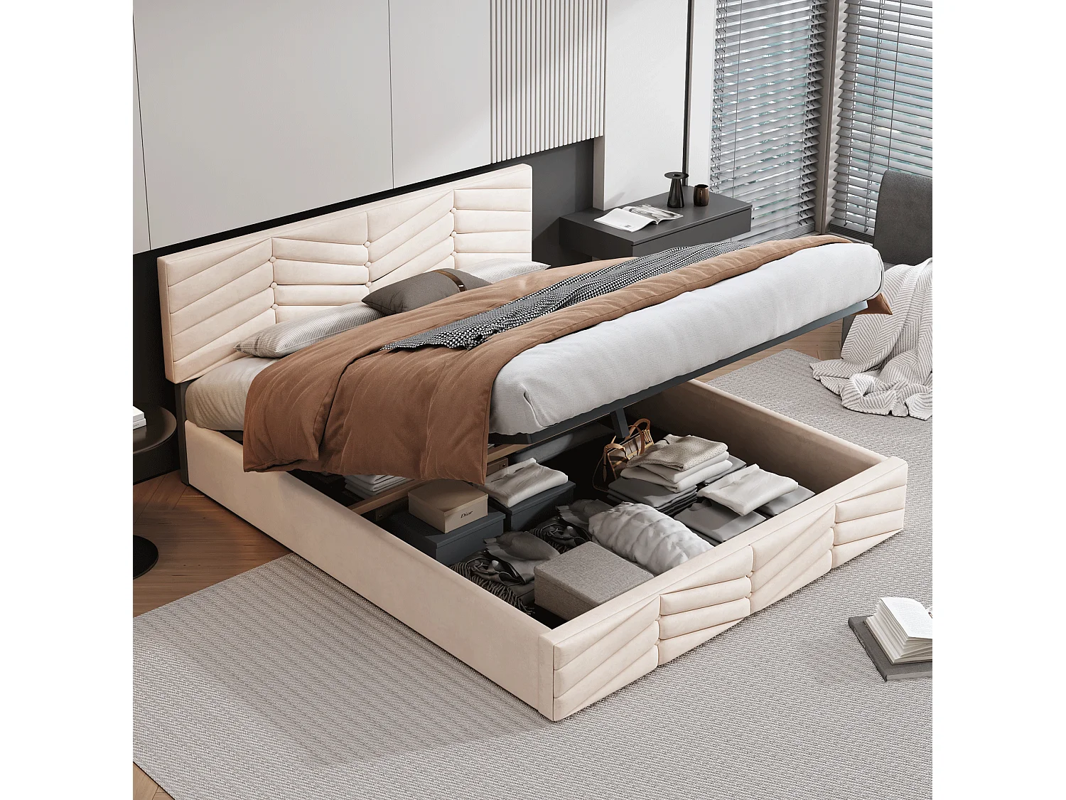Fluwelen opbergbed met lattenbodem + verstelbaar hoofdeinde - 140x200cm - Beige