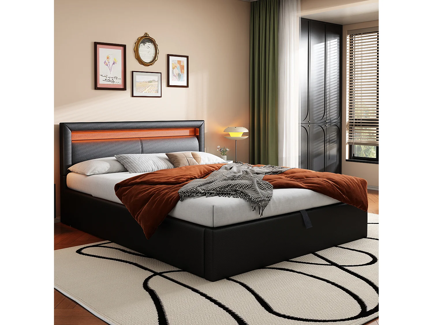 Cama contenedor con LED 140x200cm - en símil piel - Negro