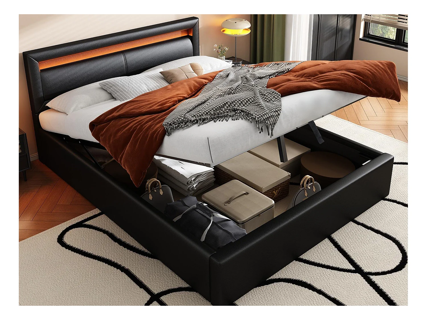 Lit coffre avec LED 140x200cm - en similicuir - Noir