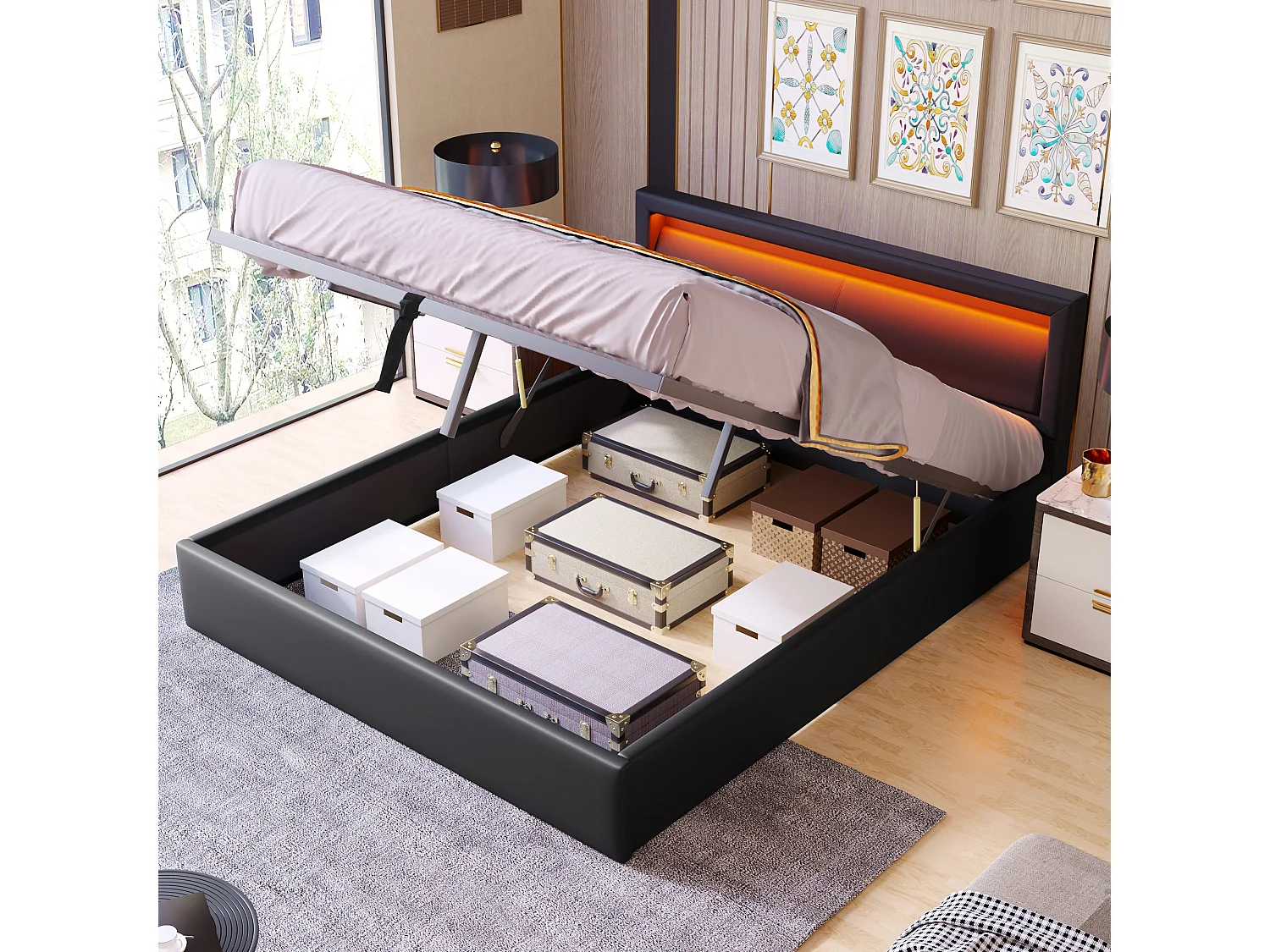 Opbergbed met LED 140x200cm - in kunstleer - Zwart