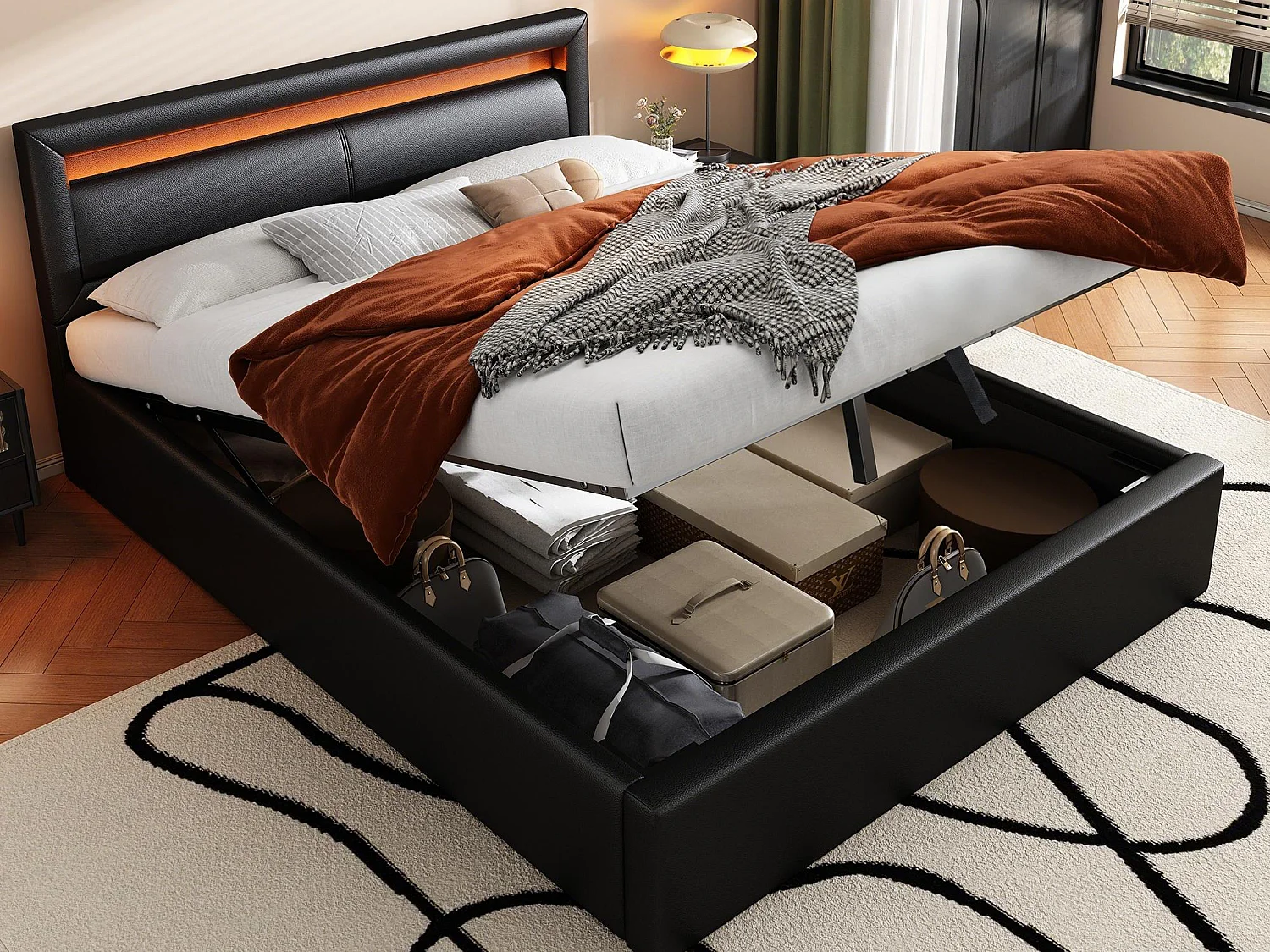 Opbergbed met LED 140x200cm - in kunstleer - Zwart