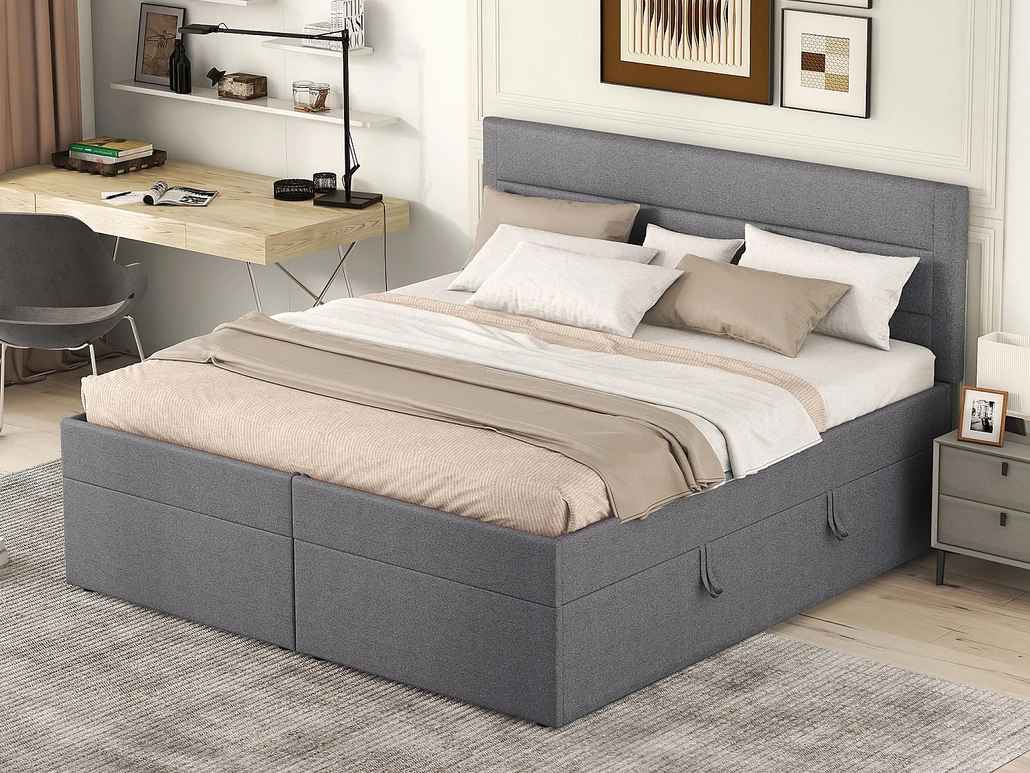 Opbergbed met lattenbodem - 140x200 cm - linnen stof - Grijs