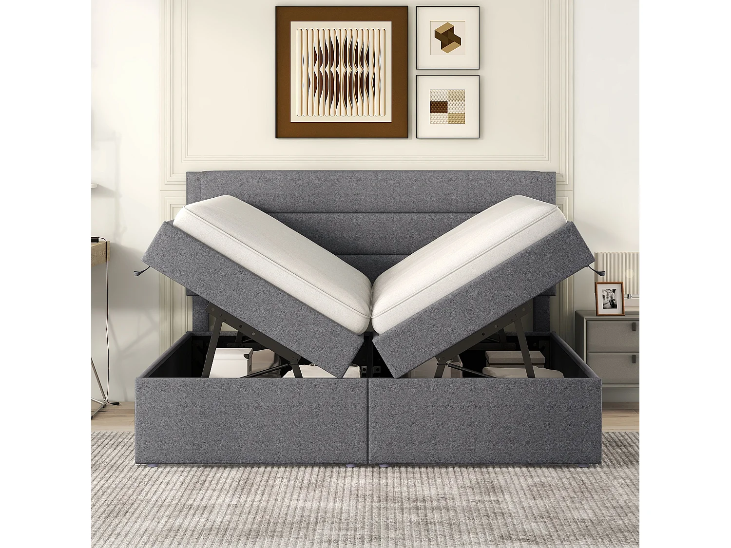 Opbergbed met lattenbodem - 140x200 cm - linnen stof - Grijs