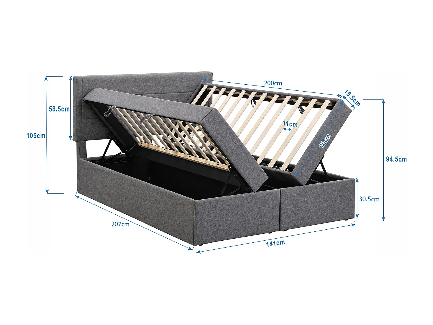 Opbergbed met lattenbodem - 140x200 cm - linnen stof - Grijs