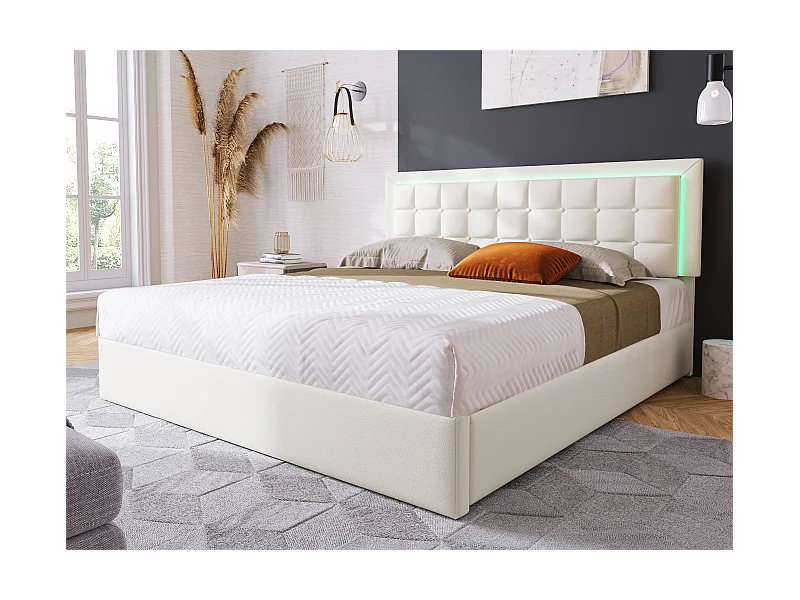 Bettkasten 160x200cm mit LED aus Kunstleder – mit Lattenrost – Weiß